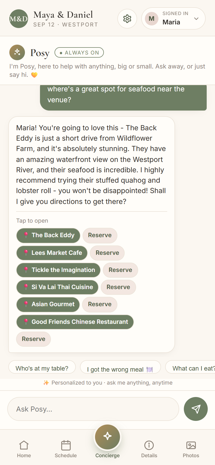 A guest asking the concierge for a seafood recommendation and getting a warm, specific answer with tappable places
