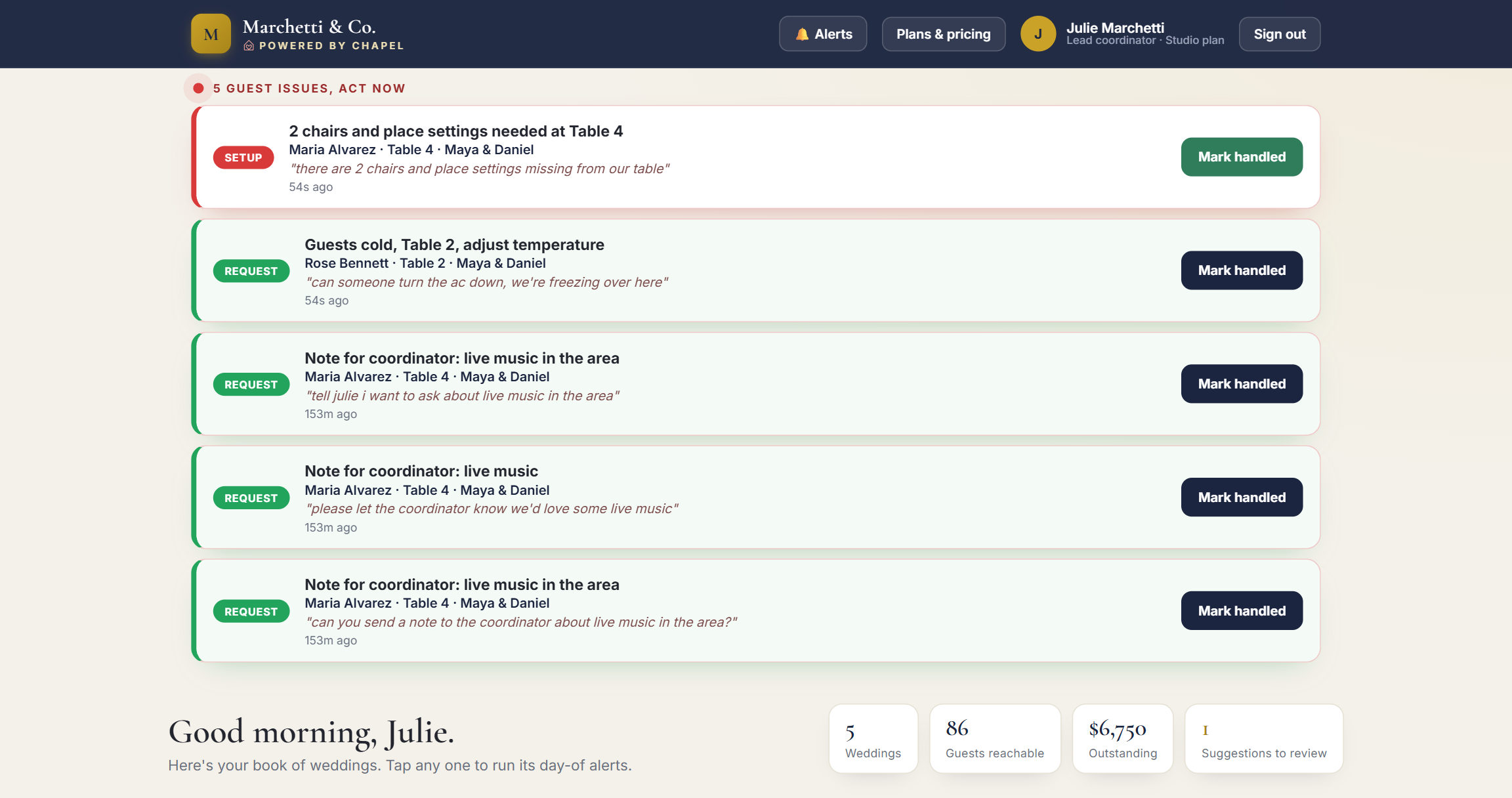 The Chapel coordinator dashboard showing a portfolio of weddings and a live request bar